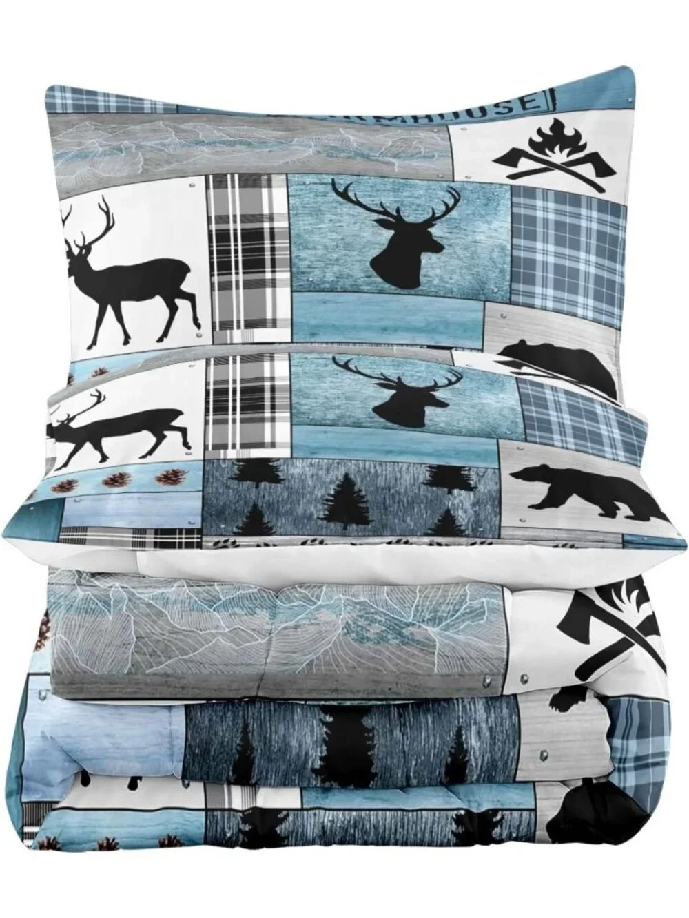 3PC Rustic Cabin Queen Comforter Set, Farmhouse Bedding, Wildlife Patchwork